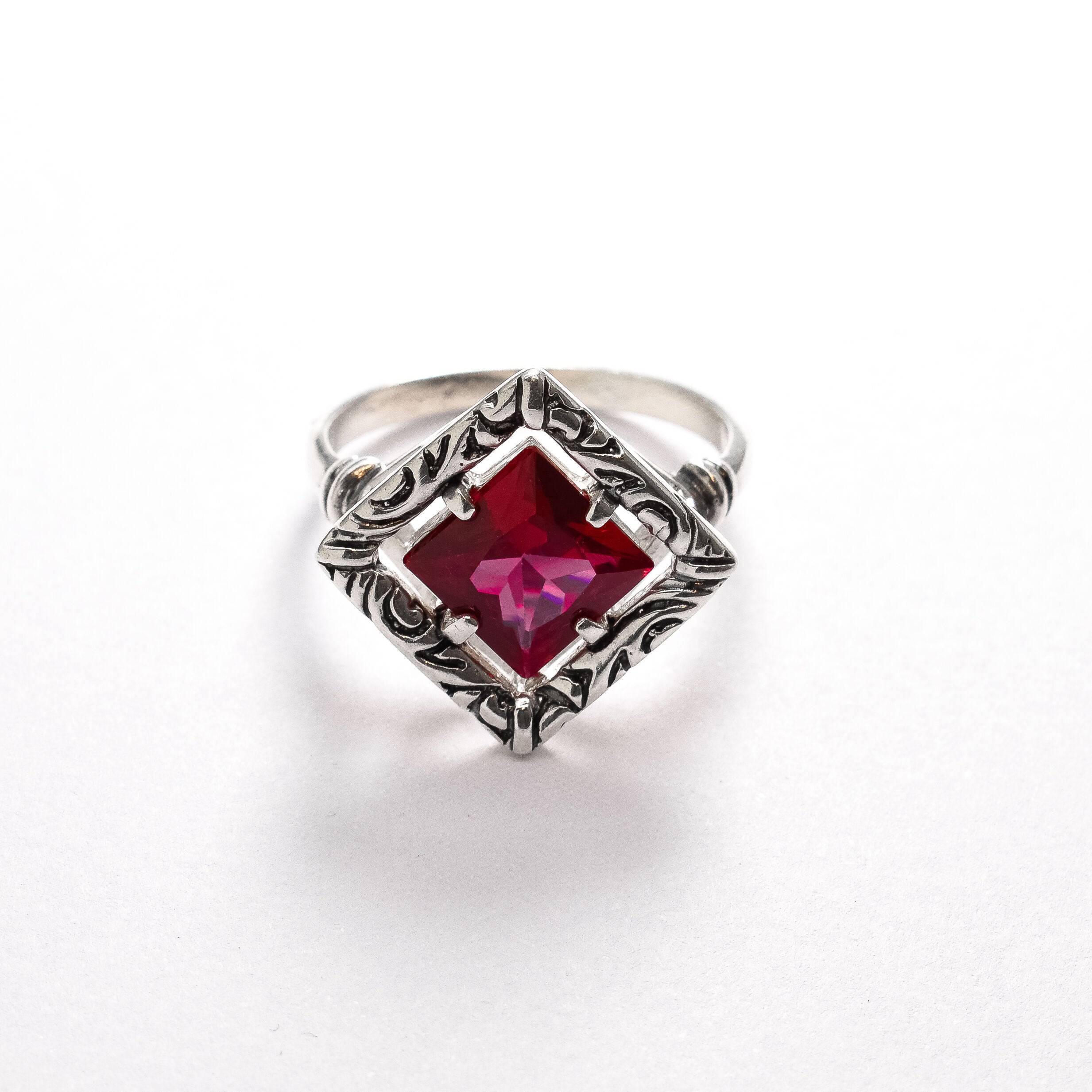 Created Ruby Ring made in 925 Sterling Silver with Square Created Red Ruby in Prong setting, July Birthstone gift idea, symbolizes nobility, purity, and passion, ideal for everyday wear and perfect for birthday gifting and special occasions.