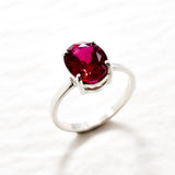 Created Ruby Ring made in 925 Sterling Silver with Oval Created Red Ruby in Prong setting, July Birthstone gift idea, symbolizes nobility, purity, and passion, ideal for everyday wear and perfect for birthday gifting and special occasions.