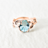 Gold Aquamarine Ring - Vintage Oval Ring - Blue Leaves Ring