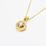 18k Yellow gold plated necklace with Diamond April birthstone in diamond cut and prong setting. Dainty diamond necklace ideal for special occasions and anniversary present. Round Diamond Necklace for eternal love, purity, and inner strength.