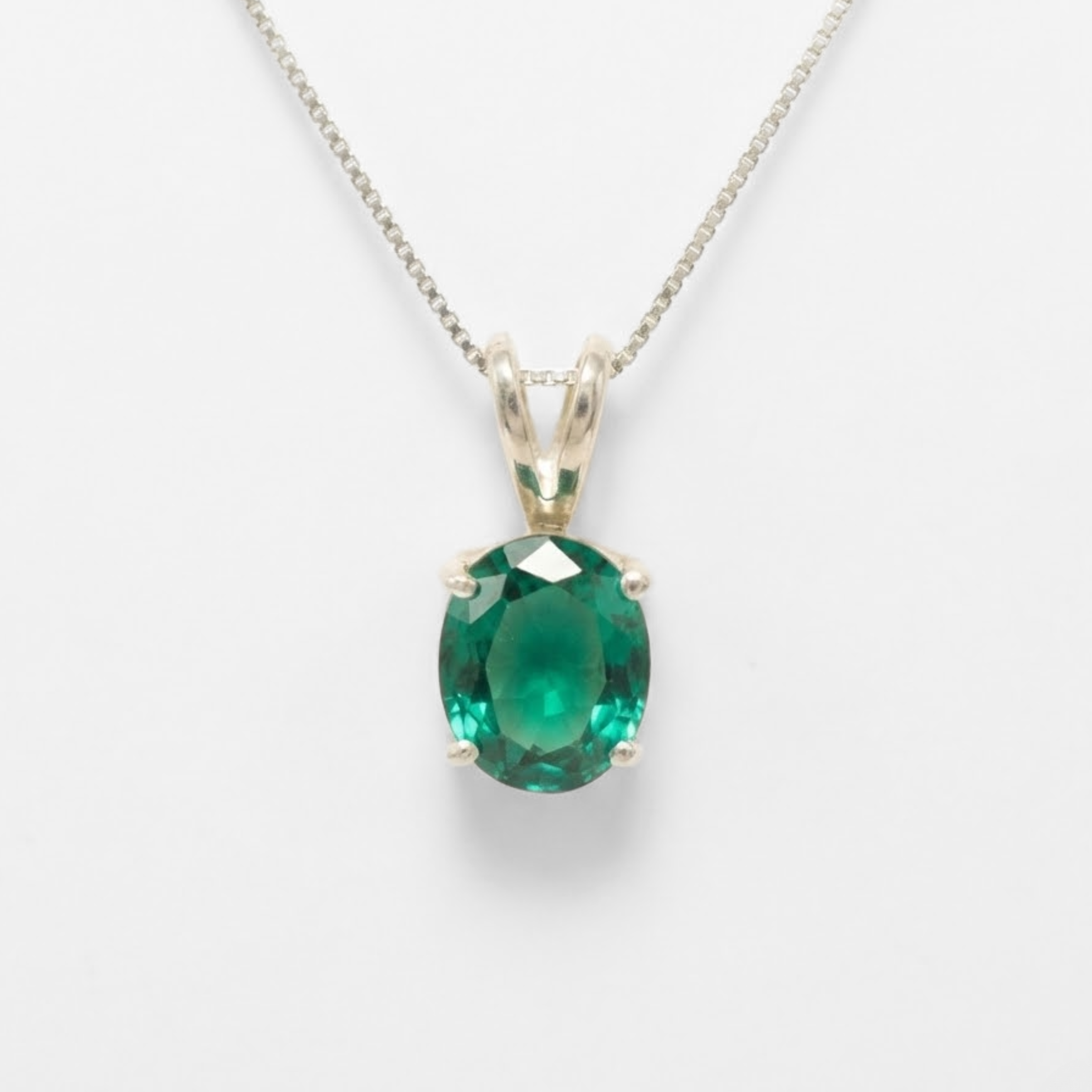 Created Emerald Pendant made in 925 Sterling Silver with Oval Created Green Emerald in Prong setting, May Birthstone gift idea, symbolizes, ideal for everyday wear and perfect for birthday gifting and special occasions.
