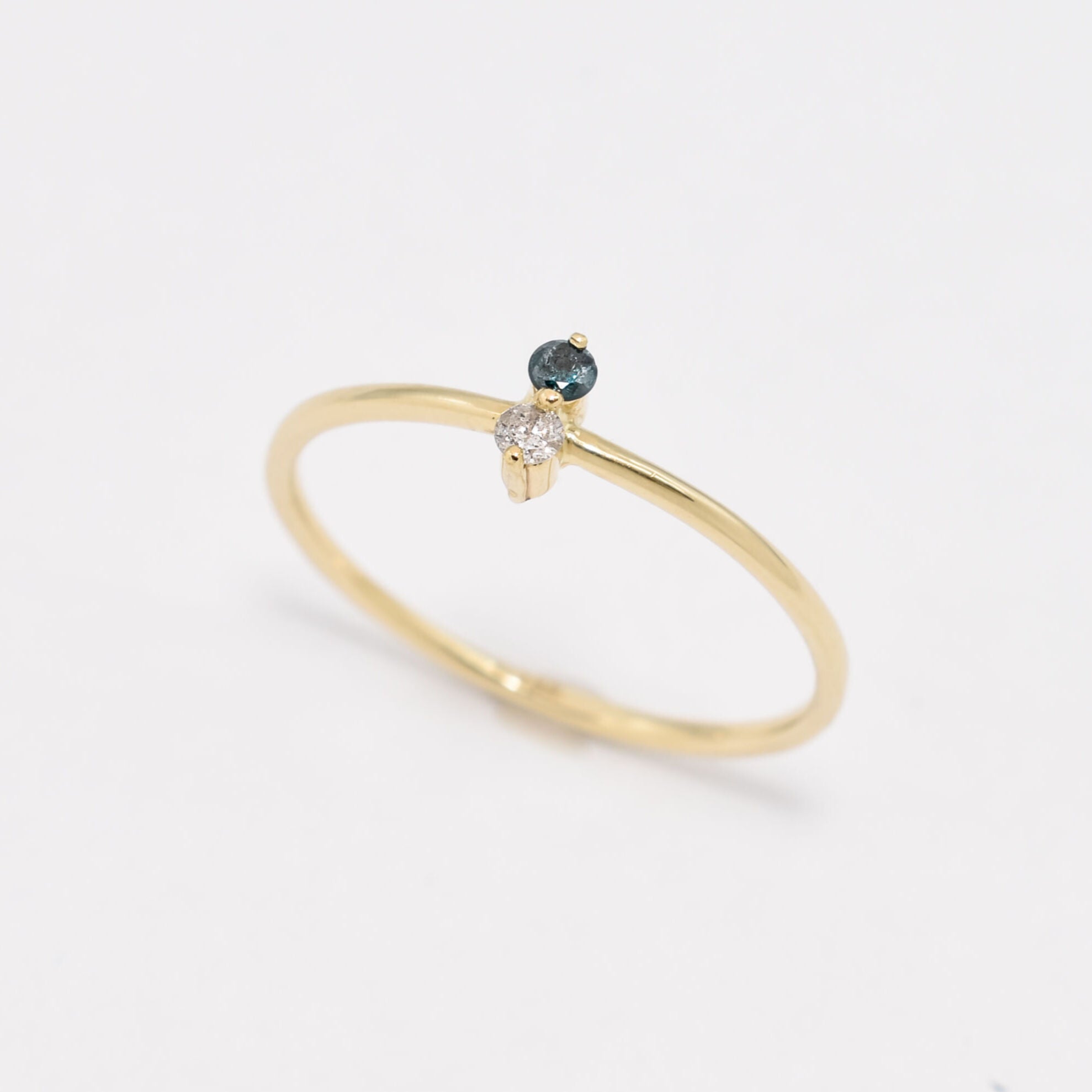 Dainty Solid 14k Yellow Gold Ring set with Certified Diamond, and Real Blue Diamond gemstones. 