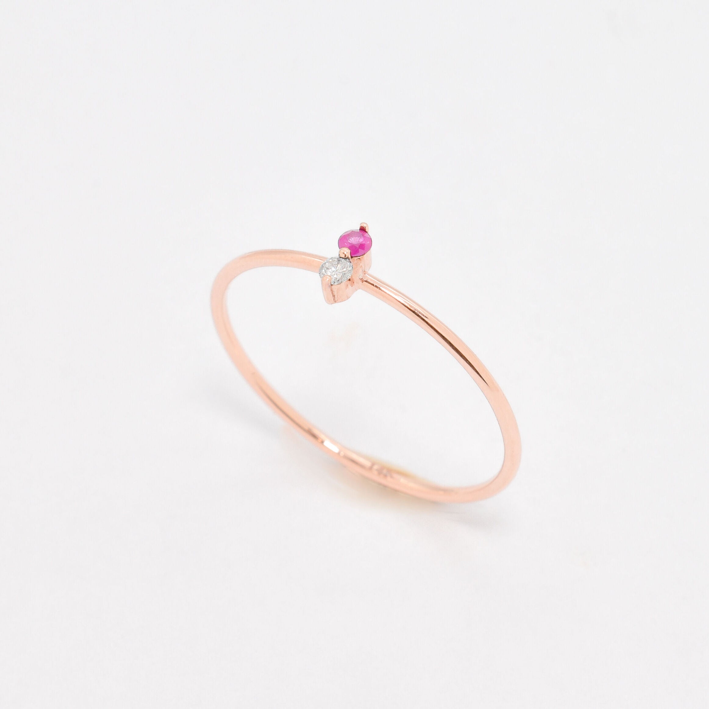 Dainty Solid Rose Gold Ring set with Natural Diamond, and Real Ruby, in 14 Solid Rose Gold