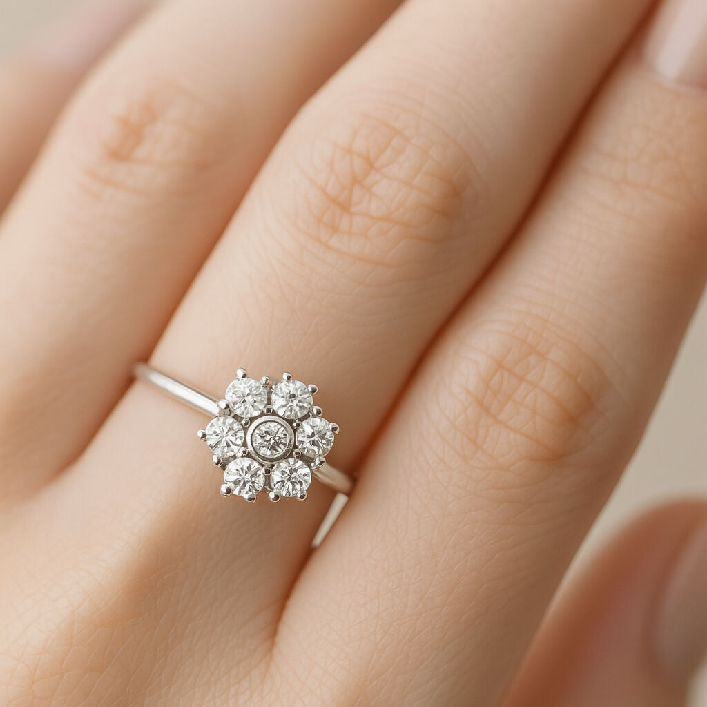 Diamond Cluster Ring worn on middle finger with soft nude polish, adds delicate shimmer to an elegant hand—fits best for daily chic looks or bridal prep.