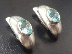 Dome Aquamarine Earrings - Blue Drop Earrings - Vintage Oval Earrings