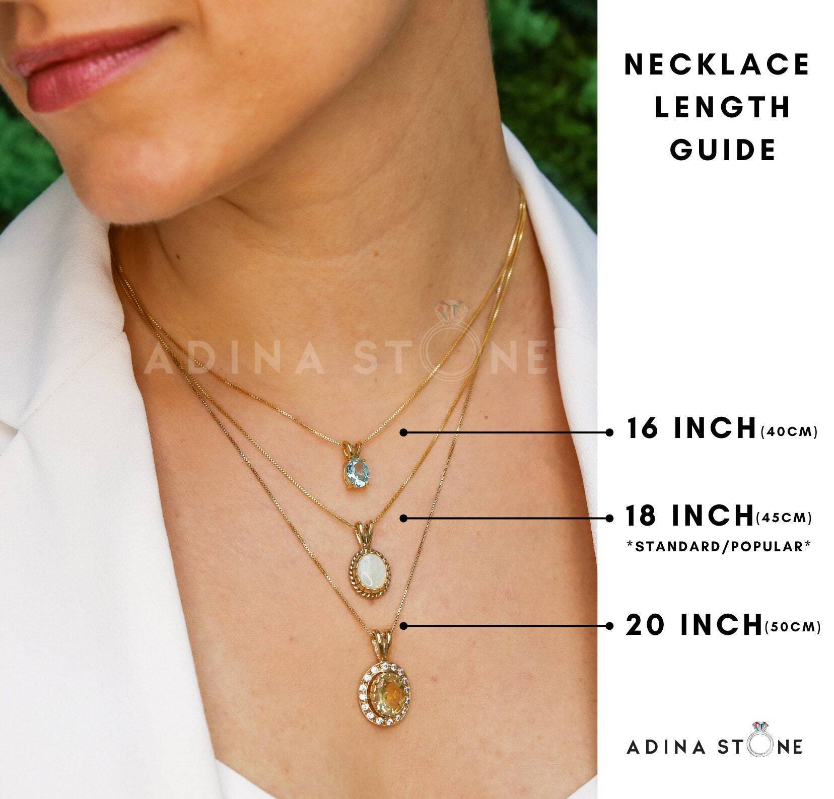 Necklace length guide from 16 inch, 18 inch and 20 inch Adina Stone necklaces, real neck view.