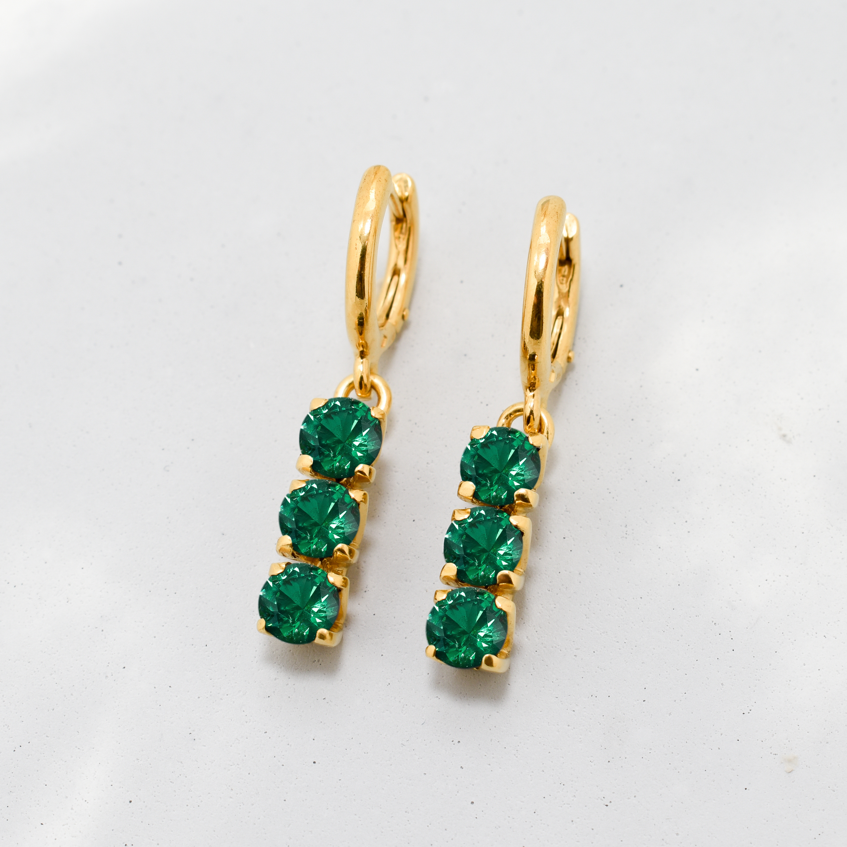 Gold Emerald Earrings - Green Dangling Earrings - Trilogy Bar Earrings