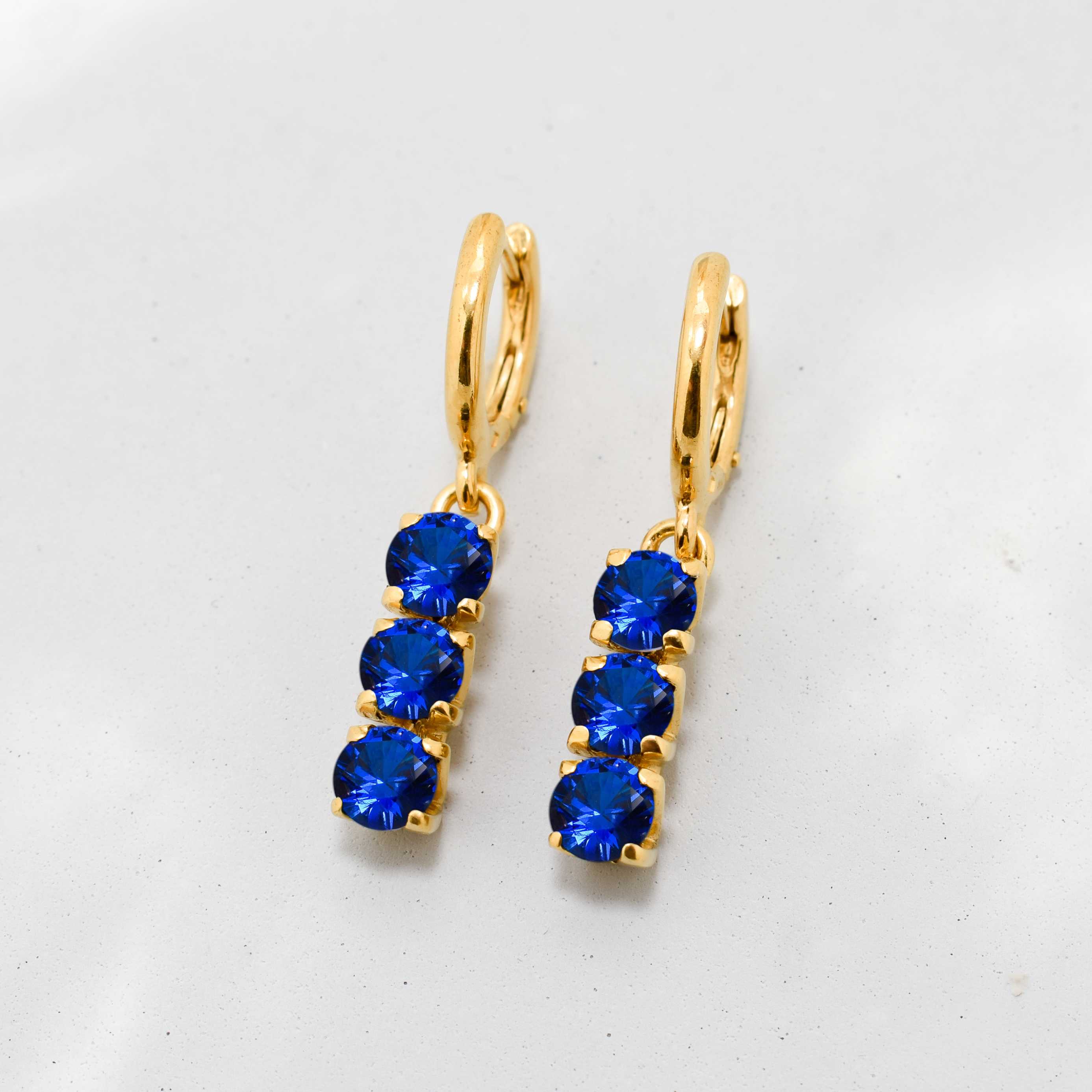Gold Sapphire Earrings - Blue Trilogy Earrings - Vintage Dangling Earrings