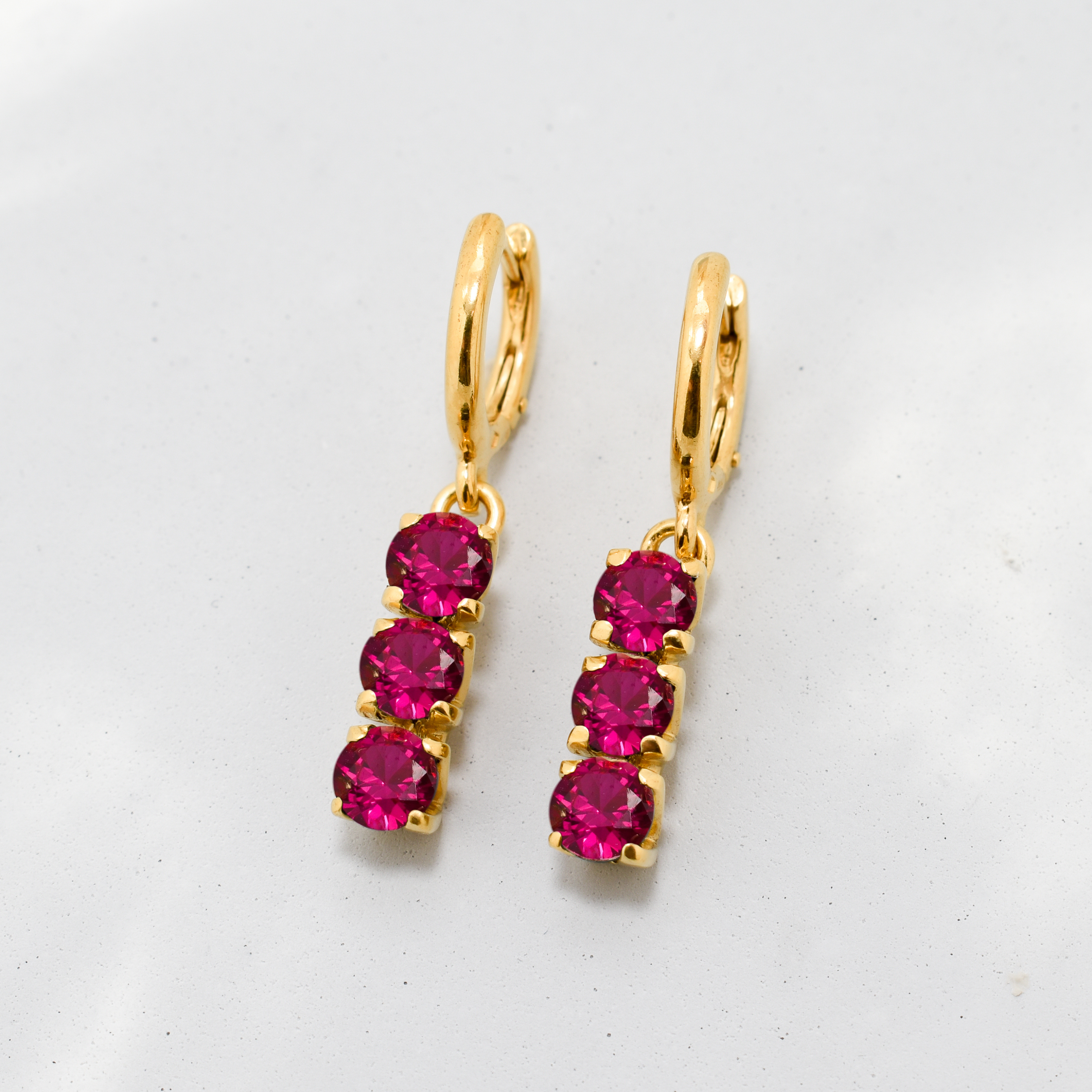 Ruby Dangling Earrings - Three Stone Earrings - Red Vertical Earrings