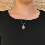 Natural Chrysoprase and Ruby halo necklace adds soft color and elegant touch to minimalist black dresses, combining beauty, grounding energy, and May birthstone charm for intimate celebrations.