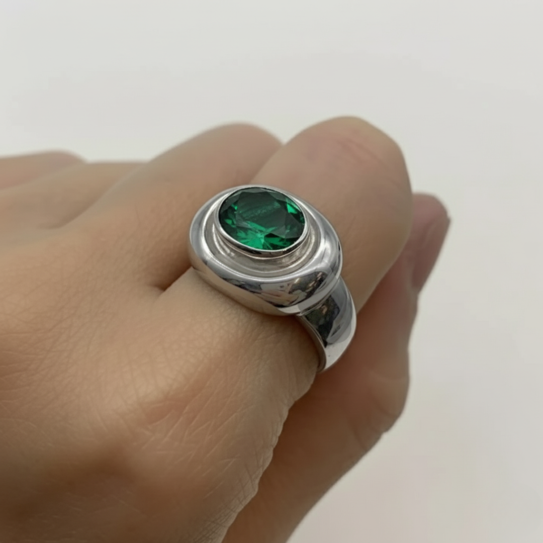 Elegant 925 Sterling Silver ring featuring an oval Created Green Emerald, perfect for May birthdays and daily wear.