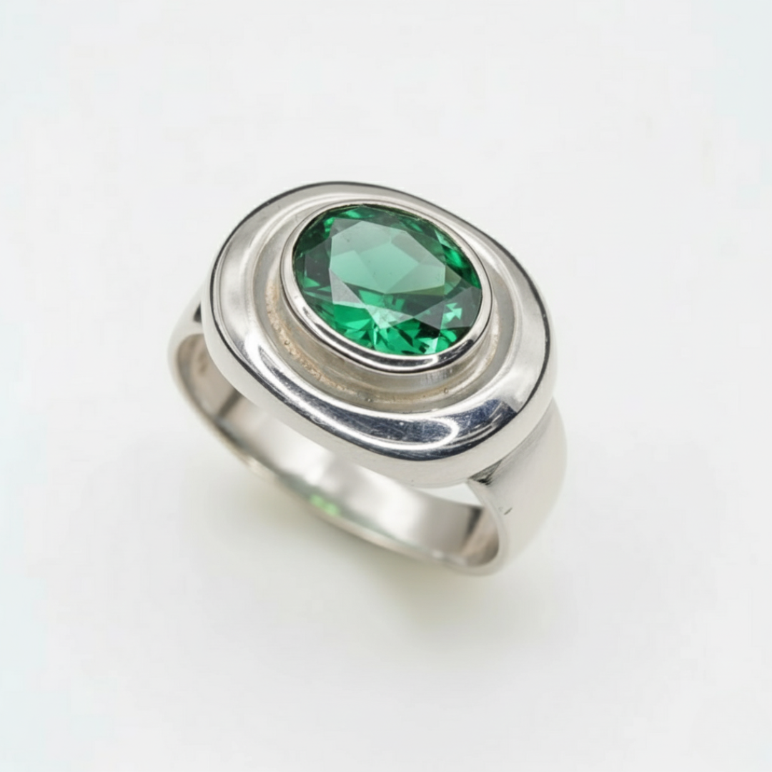 Created Emerald Ring made in 925 Sterling Silver with Oval Created Green Emerald in Bezel setting, May Birthstone gift idea, symbolizes, ideal for everyday wear and perfect for birthday gifting and special occasions.