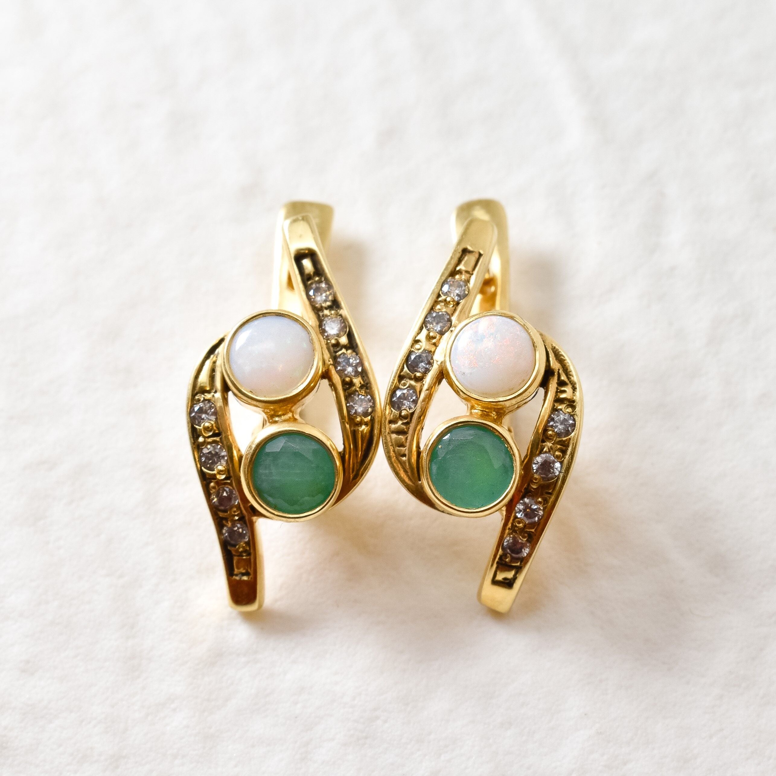 Unique Earrings, Emerald Earrings, Opal Earrings, May Birthstone, October Birthstone, Vintage Earrings, 2 Stones Earrings, Emerald, Opal(1)