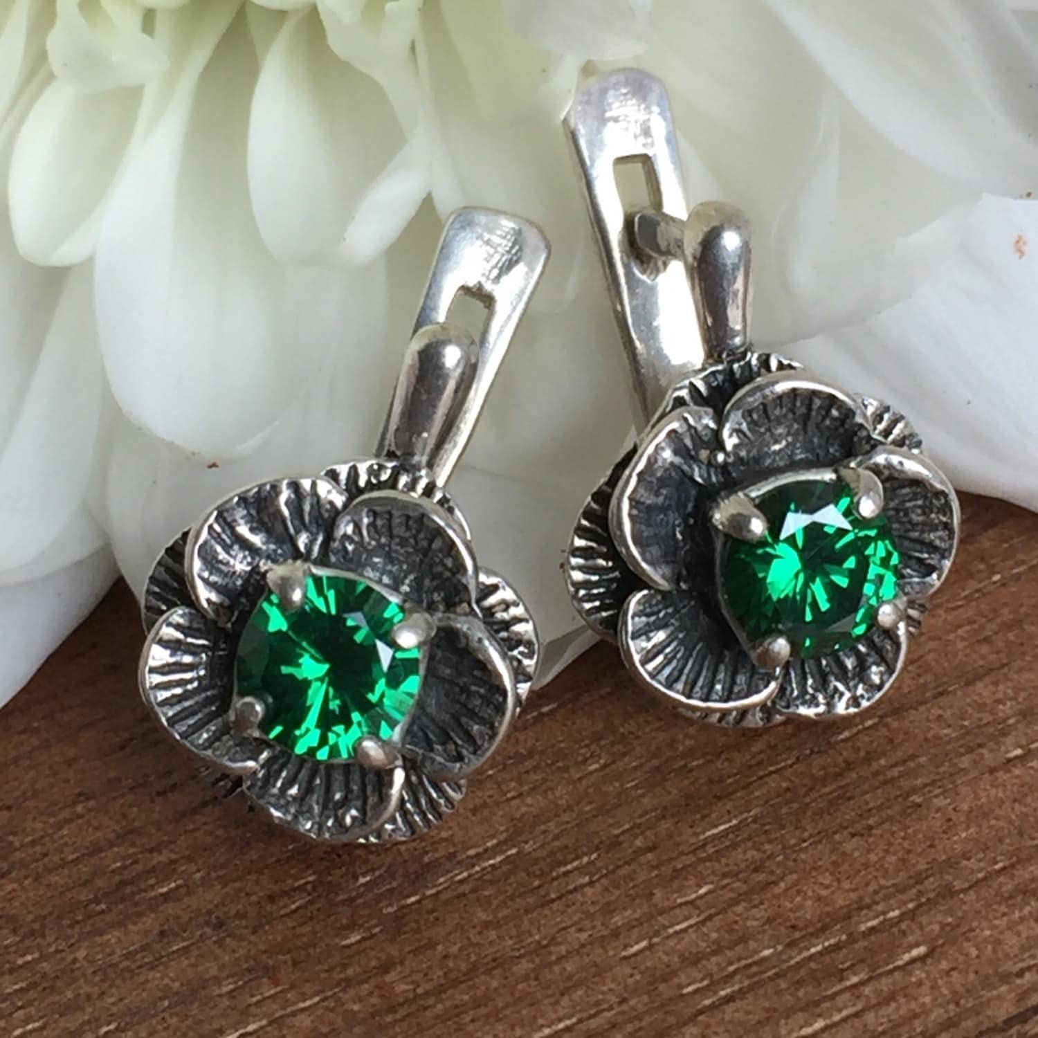 Created Emerald Earrings made in 925 Sterling Silver with Round Created Green Emerald in Prong setting, May Birthstone gift idea, symbolizes, ideal for everyday wear and perfect for birthday gifting and special occasions.