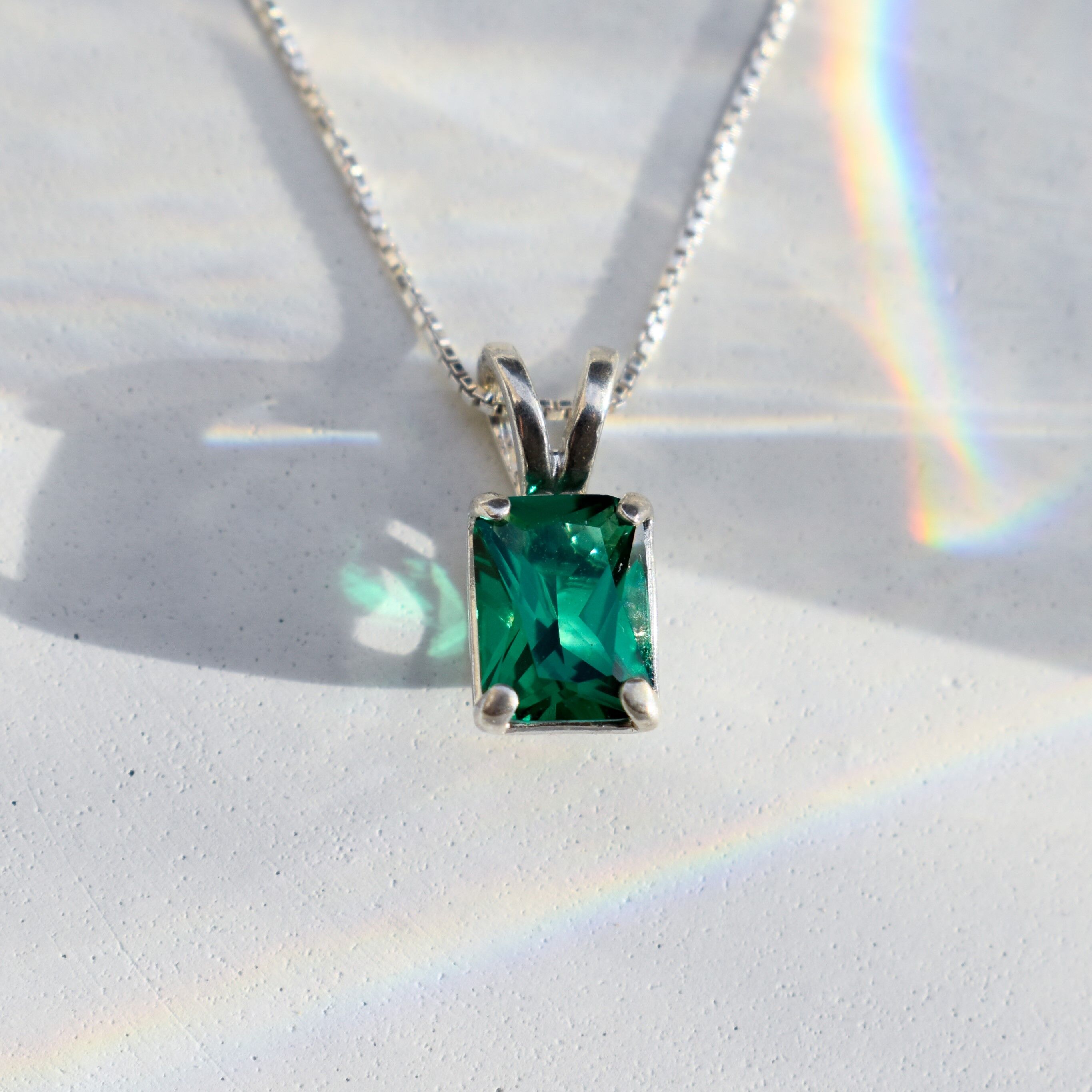 Created Emerald Pendant made in 925 Sterling Silver with Emerald Created Green Emerald in Prong setting, May Birthstone gift idea, symbolizes, ideal for everyday wear and perfect for birthday gifting and special occasions.