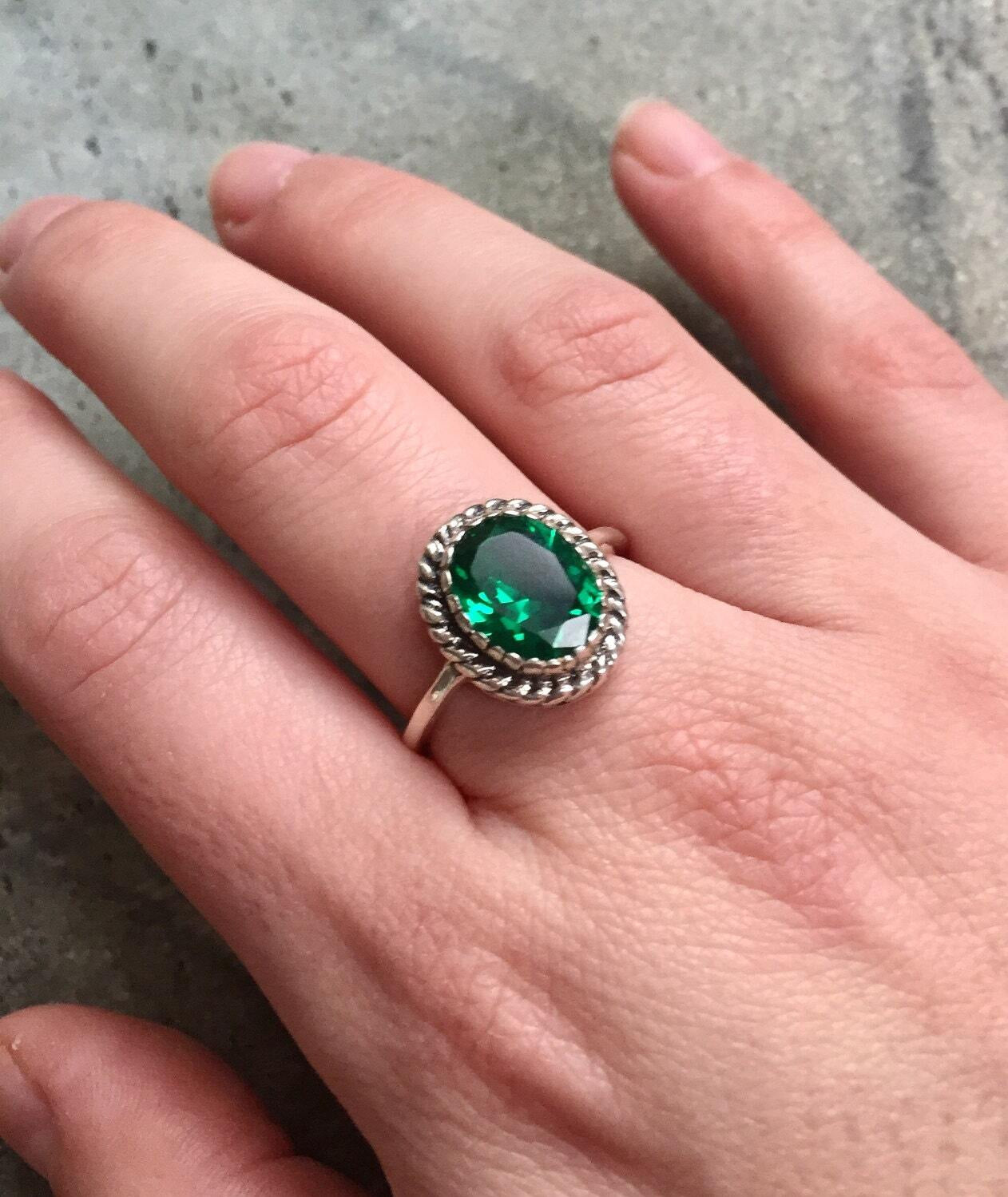 Created Emerald Ring in 925 Sterling Silver, featuring an Oval Green Emerald, ideal for May birthdays and special occasions.