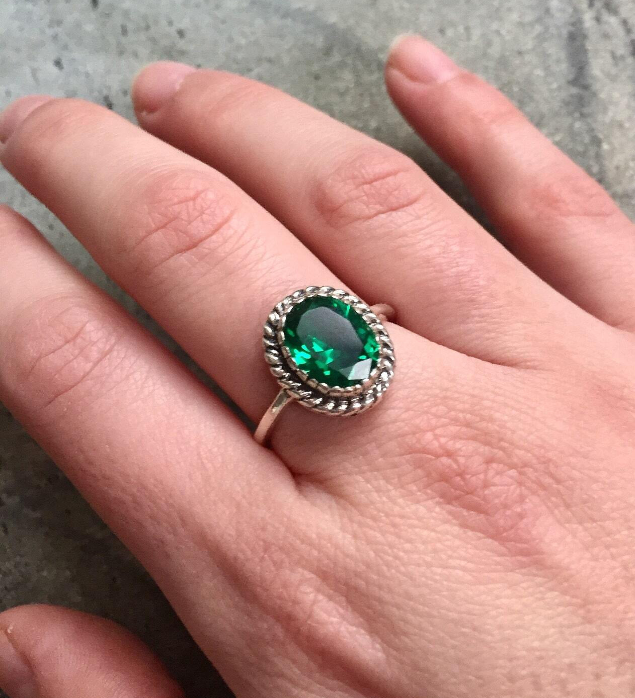 Created Emerald Ring in 925 Sterling Silver, featuring an Oval Green Emerald, ideal for May birthdays and special occasions.