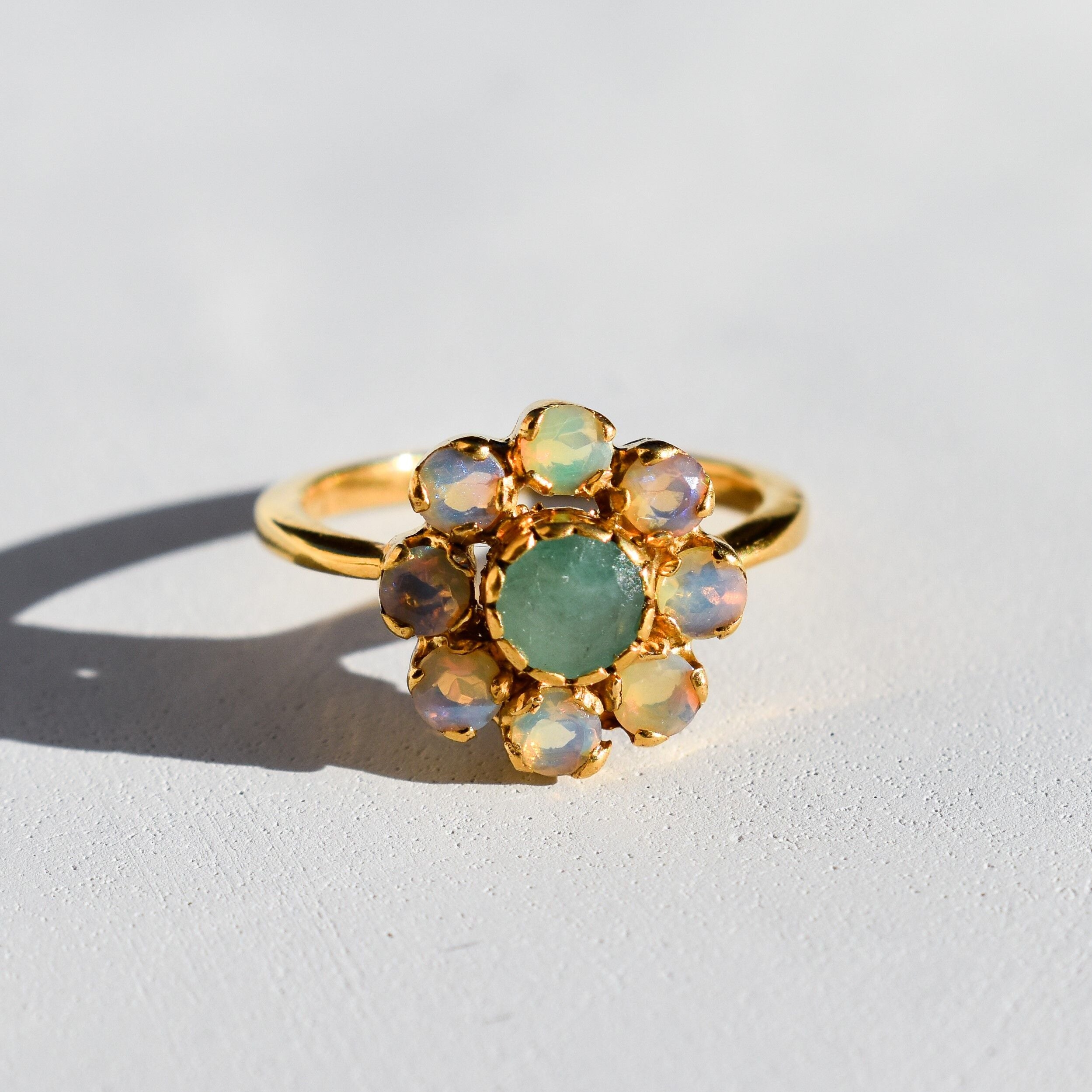 Flower Ring, Natural Emerald Ring, Natural Opal Ring, Vintage Flower Ring, October Birthstone, May Birthstone, Daisy Ring, 925 Silver Ring(1)