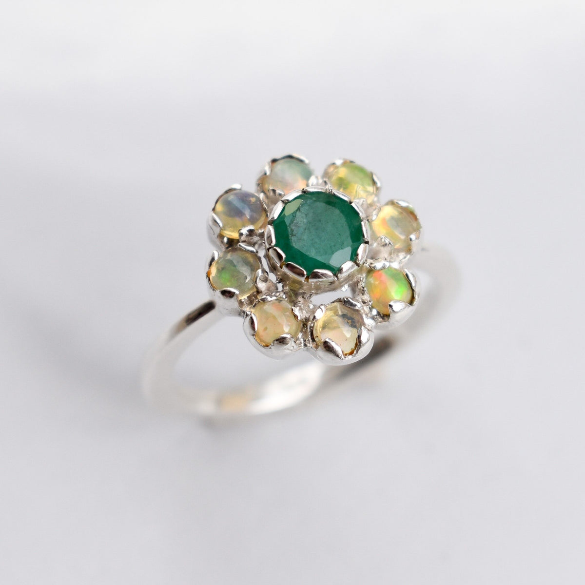 Vintage Flower Ring - Natural Emerald & Ethiopian Fire Opal, Solid 