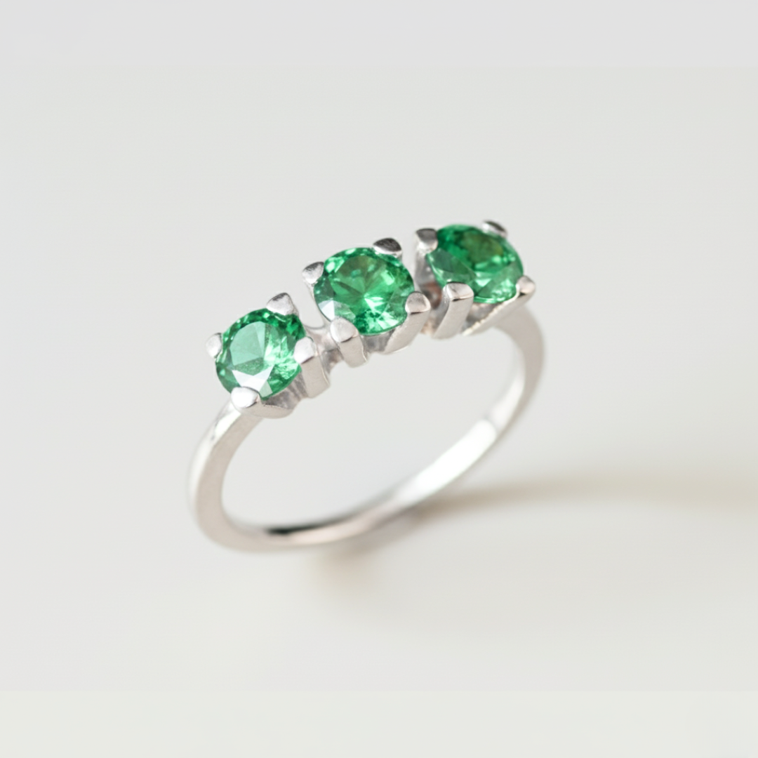 Created Emerald Ring made in 925 Sterling Silver with Round Created Green Emerald in Three-Stone setting, May Birthstone gift idea, symbolizes, ideal for everyday wear and perfect for birthday gifting and special occasions.