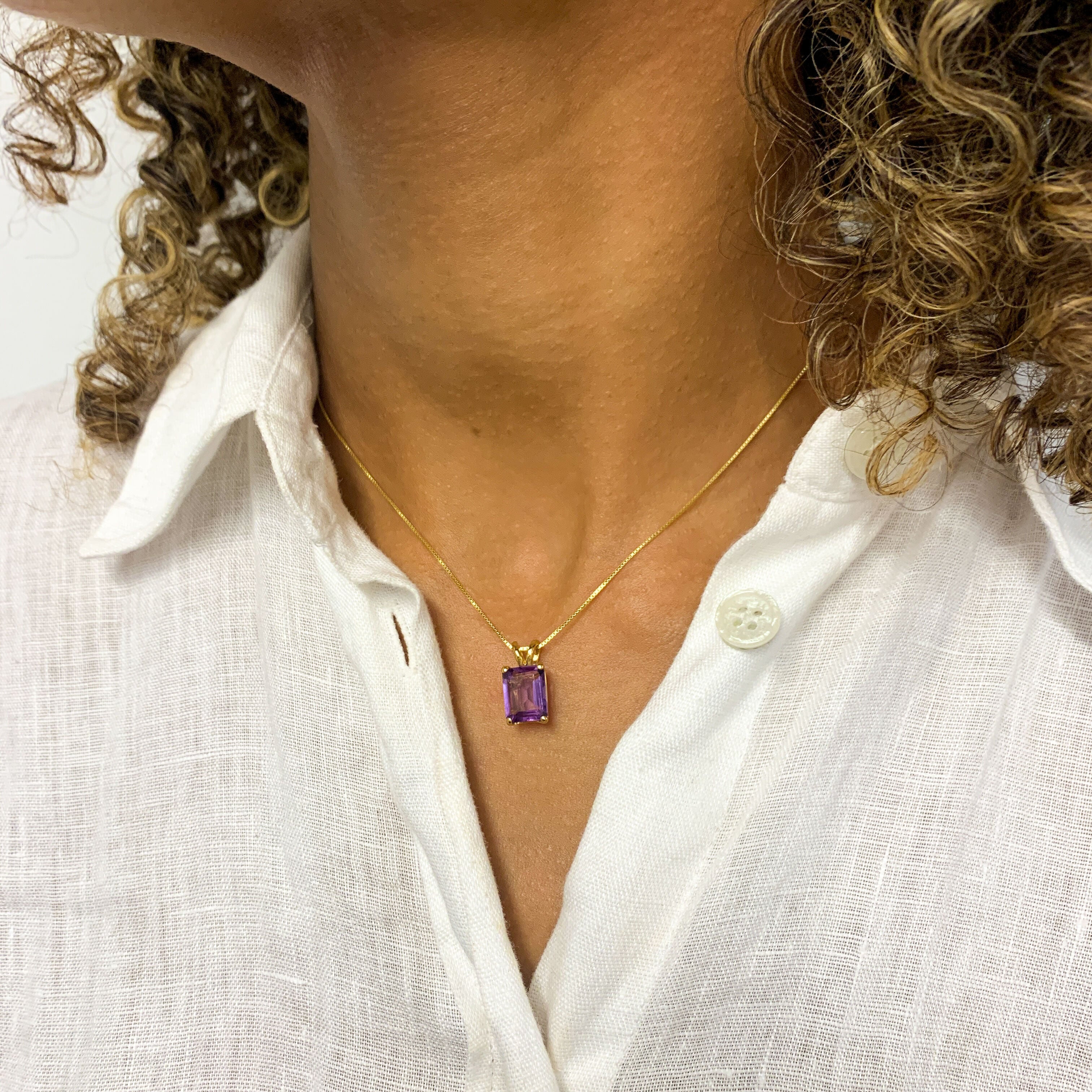 Woman wearing Purple Amethyst Necklace set in 18k Gold Vermeil over Solid 925 Sterling Silver, February birthstone pendant for peace, clarity, intuition