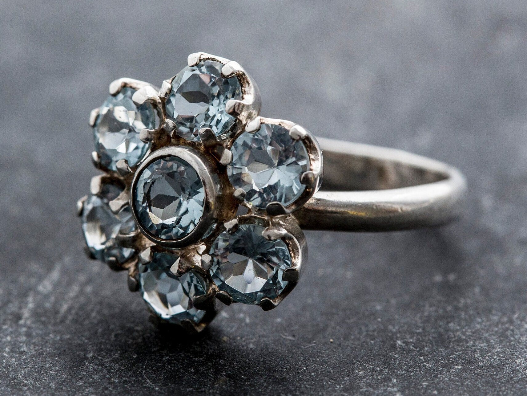 Floral silver ring with natural Blue Topaz center, said to aid communication, sweet gift for best friends, fits spring parties