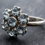 Floral silver ring with natural Blue Topaz center, said to aid communication, sweet gift for best friends, fits spring parties