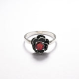 Flower Garnet Ring - Red Rose Ring - Silver Flower Ring
