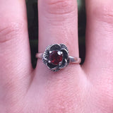 Flower Garnet Ring - Red Rose Ring - Silver Flower Ring