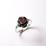 Flower Garnet Ring - Red Rose Ring - Silver Flower Ring