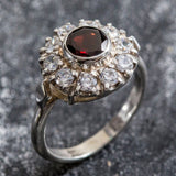 Garnet Flower Ring - Silver Victorian Ring - Garnet Vintage Ring