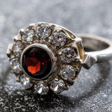 Garnet Flower Ring - Silver Victorian Ring - Garnet Vintage Ring