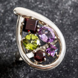 Garnet Teardrop Ring - Multistone Silver Ring - Colorful Statement Ring