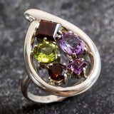 Garnet Teardrop Ring - Multistone Silver Ring - Colorful Statement Ring