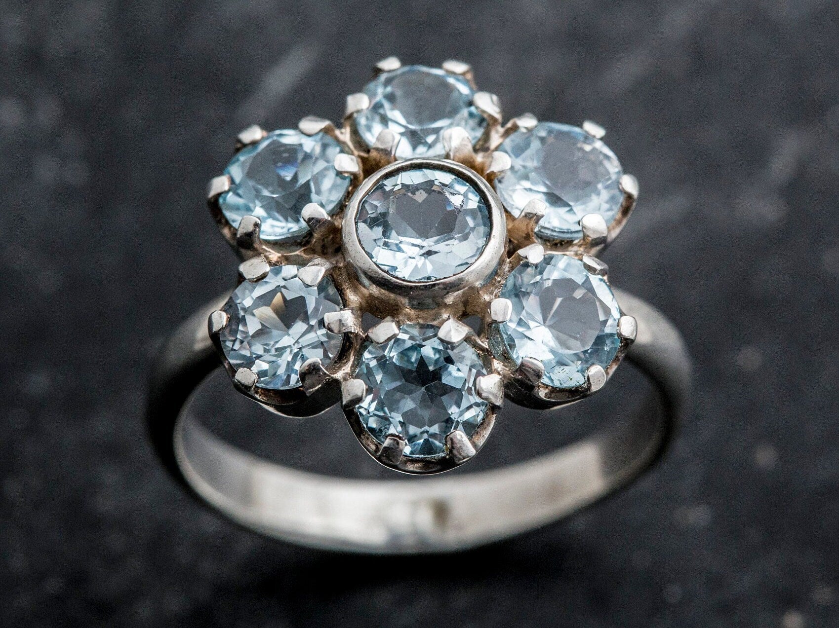 Natural Blue Topaz gemstone ring in stunning cluster, brings calming energy, meaningful holiday gift, perfect for weddings