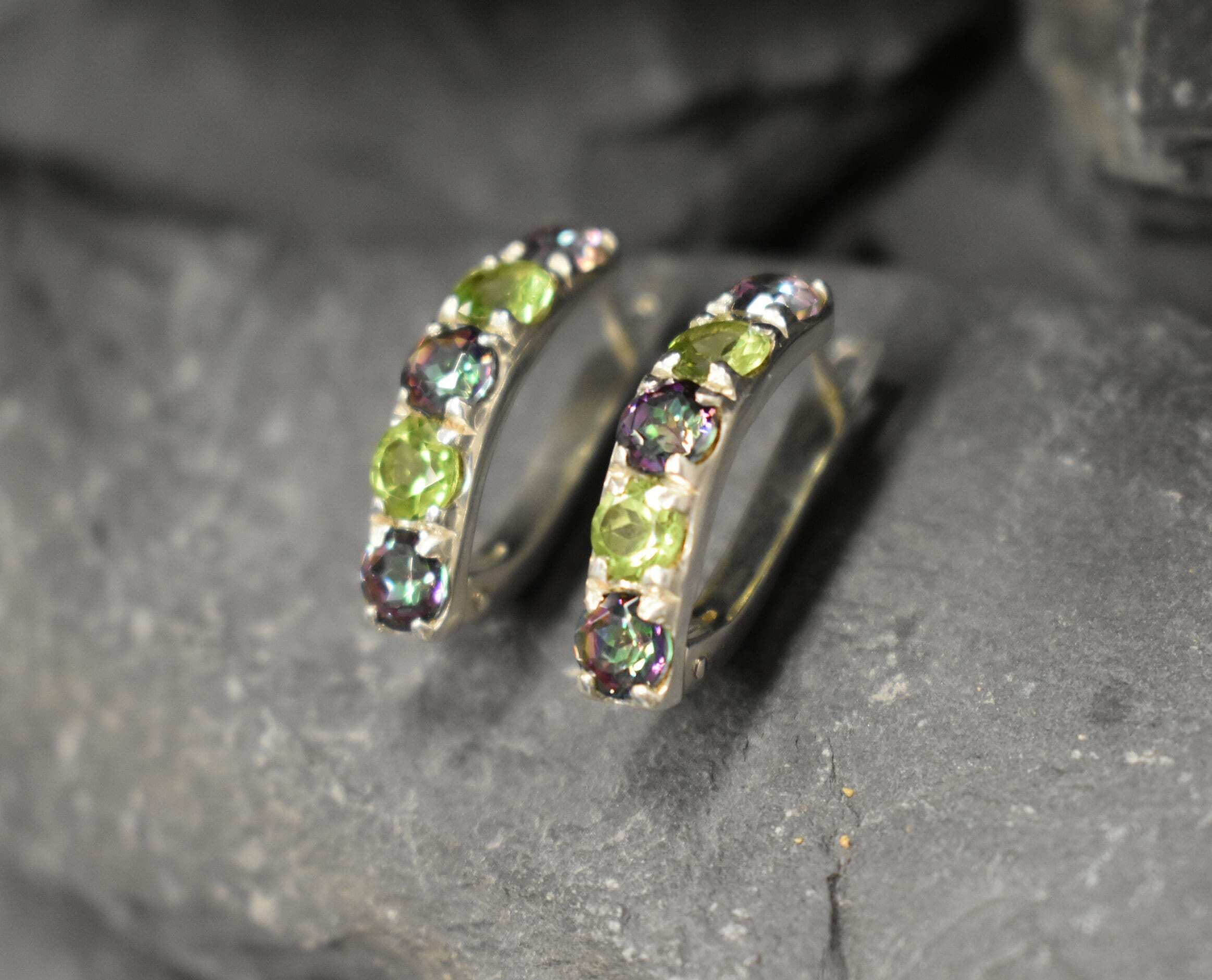 Gemstone hoop earrings with Natural Mystic Topaz and Peridot, representing prosperity and well-being, meaningful jewelry gift for special celebrations