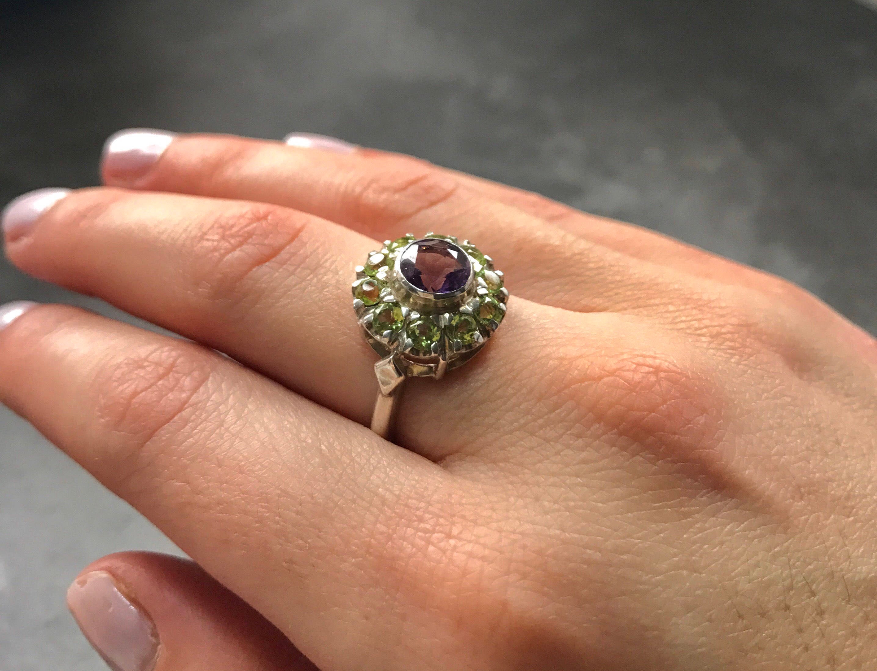 Flower Gemstone Ring worn on clean hands in natural light, pairing Amethyst and Peridot in a charming blend suited for casual elegance and heartfelt gifting occasions