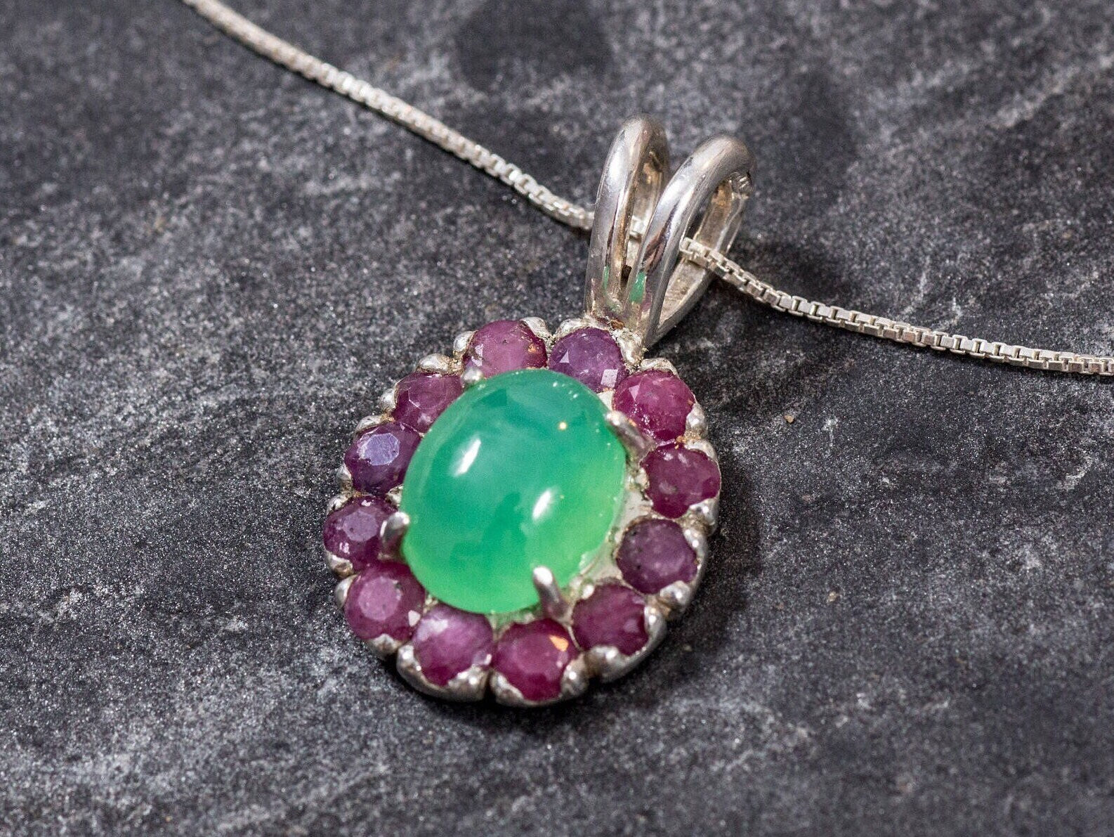 Genuine Chrysoprase and Ruby necklace in 925 silver, encourages optimism and strength, perfect for mindful gift-givers.