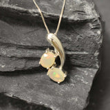 Genuine Opal Pendant - Two Stone Fire Opal Necklace - October Birthstone Necklace