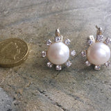Genuine Pearl Studs - White Flower Earrings - Pearl Diamonds Bridal Earrings