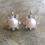 Genuine Pearl Studs - White Flower Earrings - Pearl Diamonds Bridal Earrings