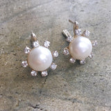 Genuine Pearl Studs - White Flower Earrings - Pearl Diamonds Bridal Earrings