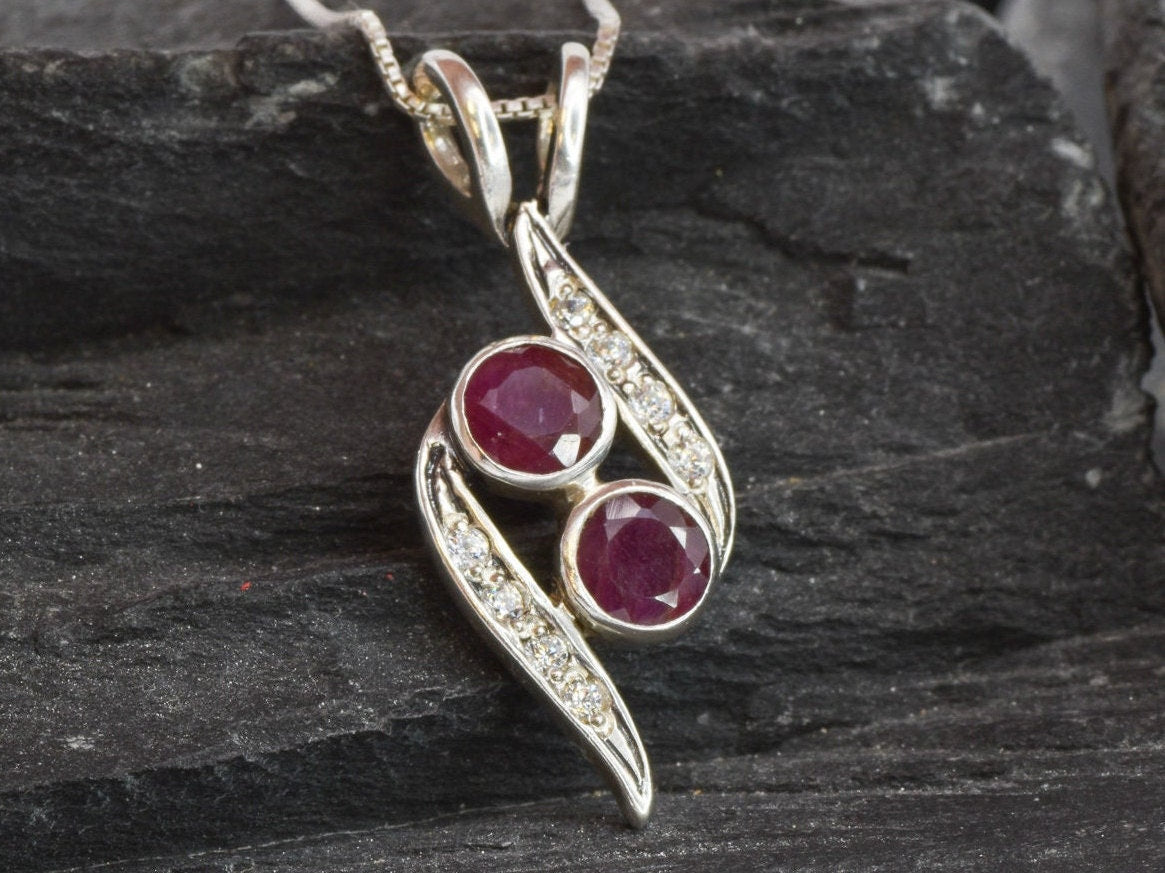 Natural Ruby Pendant made in 925 Sterling Silver with Round Natural Red Ruby in Two-Stone setting, July Birthstone gift idea, symbolizes nobility, purity, and passion, ideal for everyday wear and perfect for birthday gifting and special occasions.