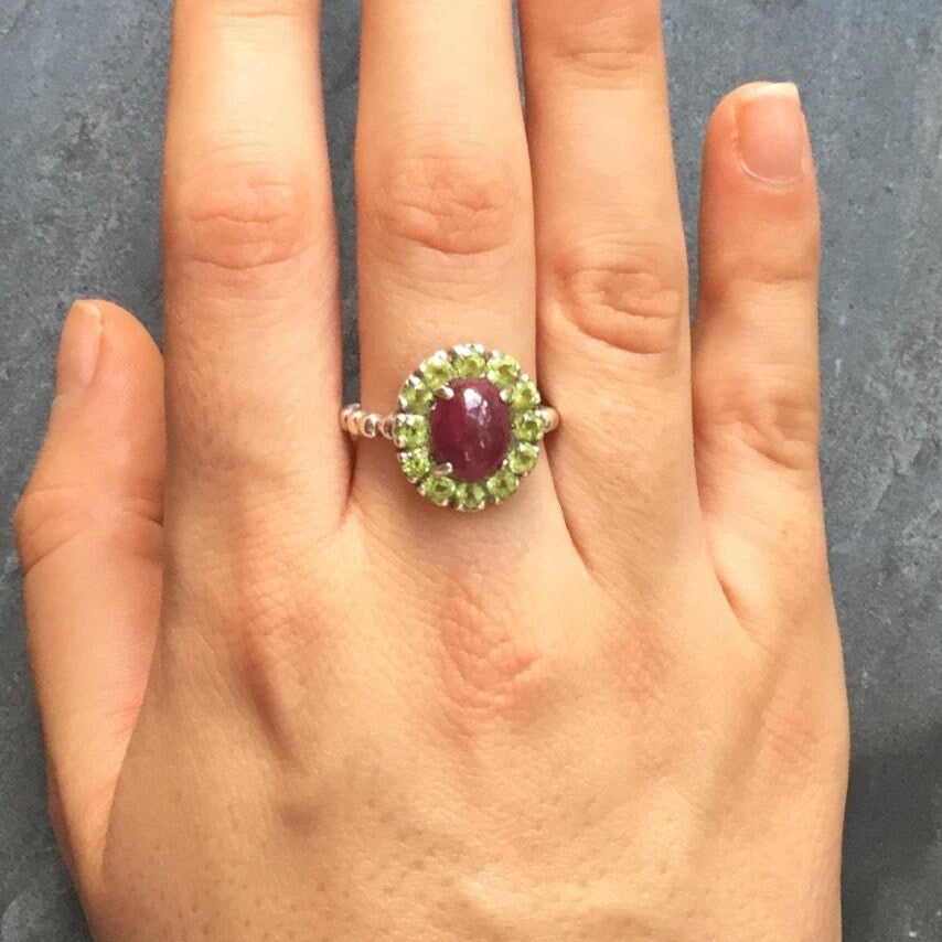 Elegant Ruby Halo Ring in 925 Sterling Silver, perfect for July birthdays and special occasions, symbolizing passion and purity.