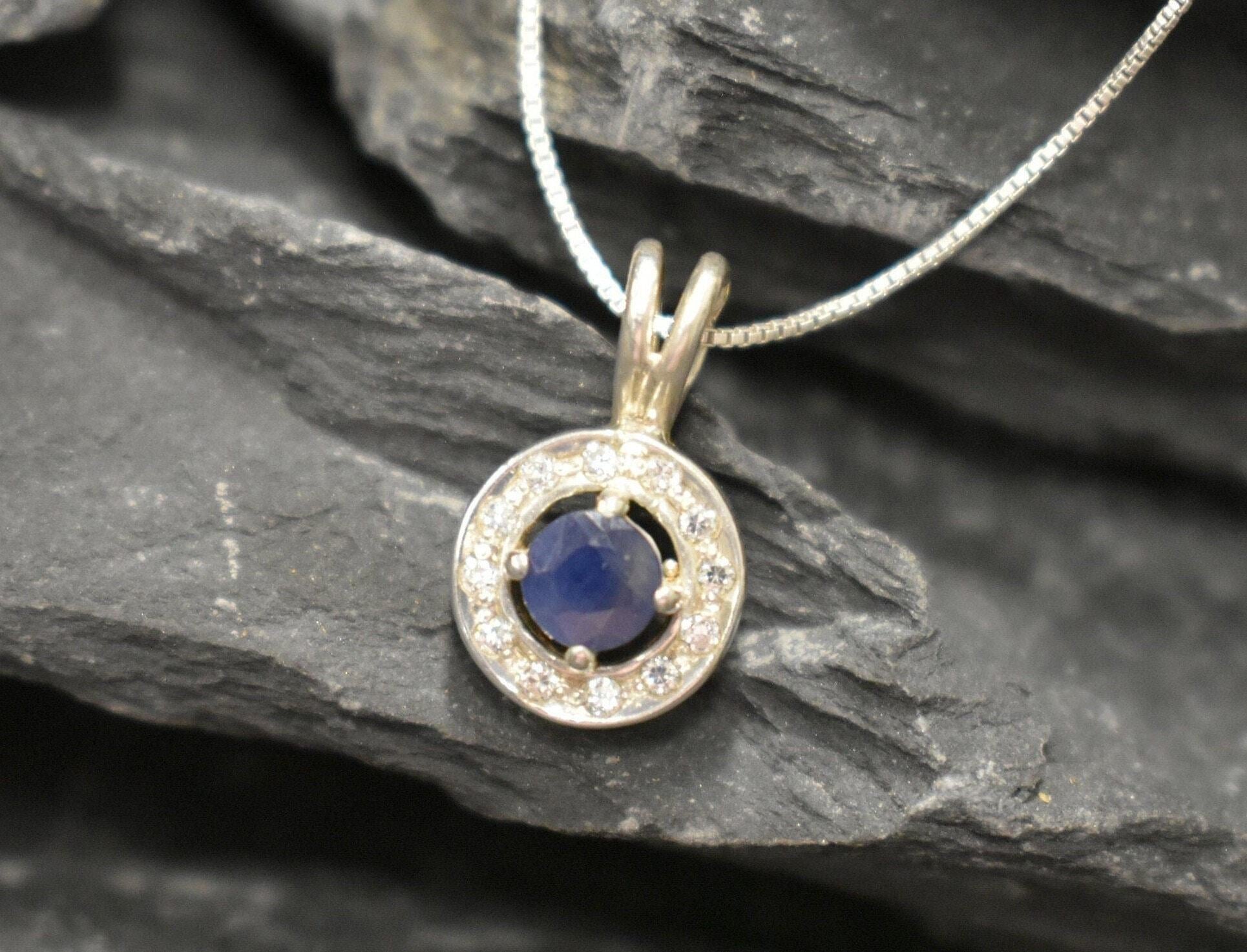Natural Sapphire Pendant made in 925 Sterling Silver with Round Natural Blue Sapphire in Halo setting, September Birthstone gift idea, symbolizes sincerity, truth, and faithfulness, ideal for everyday wear and perfect for birthday gifting and special occasions.