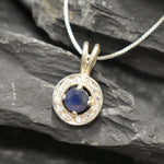 Natural Sapphire Pendant made in 925 Sterling Silver with Round Natural Blue Sapphire in Halo setting, September Birthstone gift idea, symbolizes sincerity, truth, and faithfulness, ideal for everyday wear and perfect for birthday gifting and special occasions.