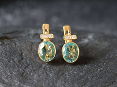 Gold Aqua Earrings - Blue Vintage Earrings, Blue Diamond Earring