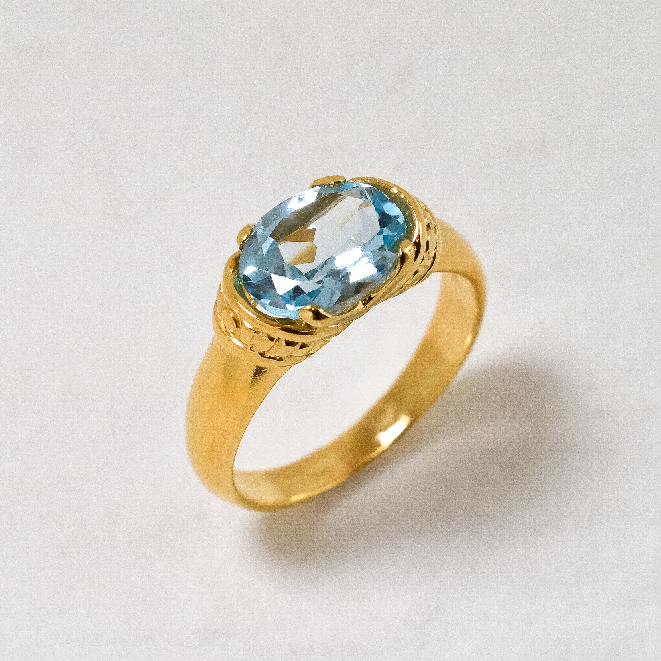 Created Aquamarine Ring made in 18k Gold Vermeil with Oval Created Blue Aquamarine in Solitaire setting, March Birthstone gift idea, symbolizes courage & good luck, ideal for everyday wear and perfect for birthday gifting and special occasions.