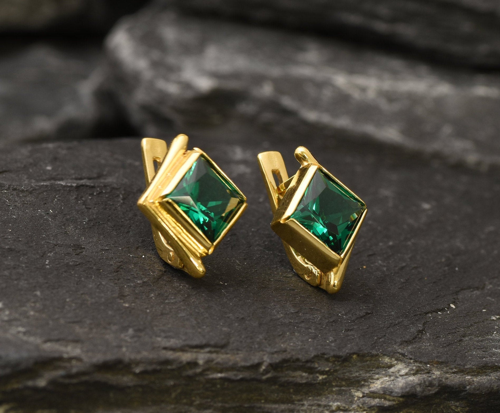 Square Created Emerald Earrings in 18k Gold Vermeil, a stylish May birthstone gift for everyday elegance and special moments.