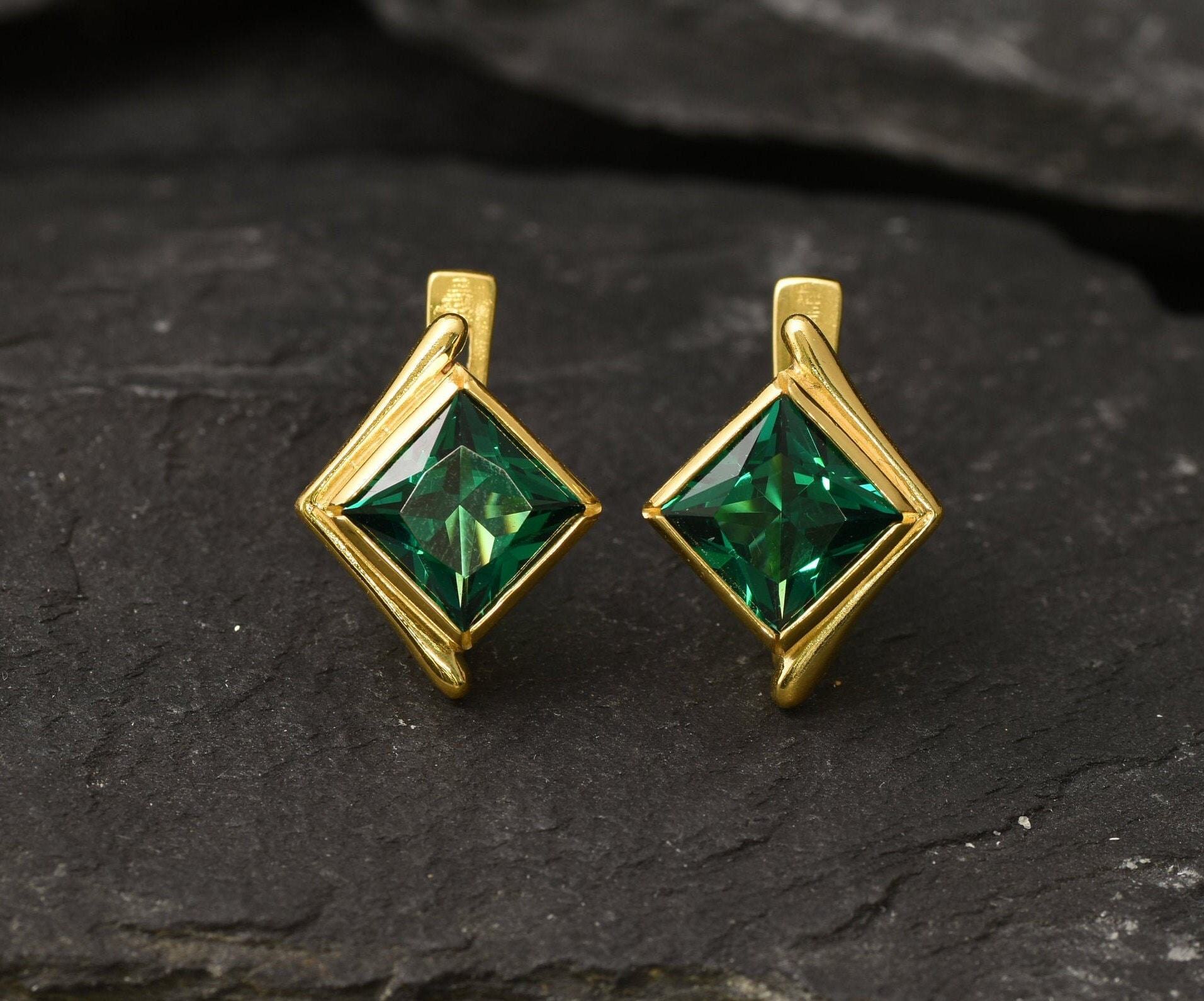 Created Emerald Earrings made in 18k Gold Vermeil with Square Created Green Emerald in Bezel setting, May Birthstone gift idea, symbolizes, ideal for everyday wear and perfect for birthday gifting and special occasions.